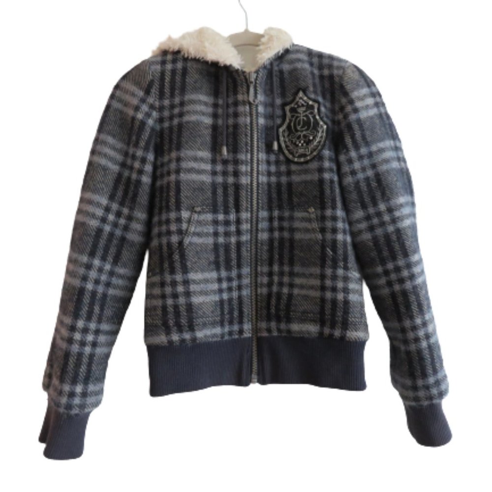 JUICY COUTURE Wool Alpaca Mohair Blend Hooded Plaid Zip Up Jacket - Size S
